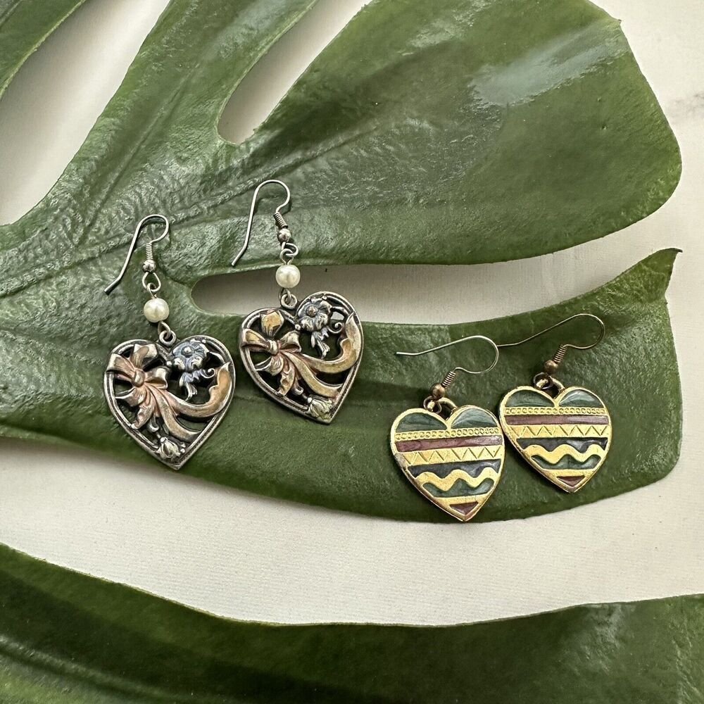 Vintage 90s Heart Shaped Earrings Set of 2 Metallic Silver Gold Tone Dangle